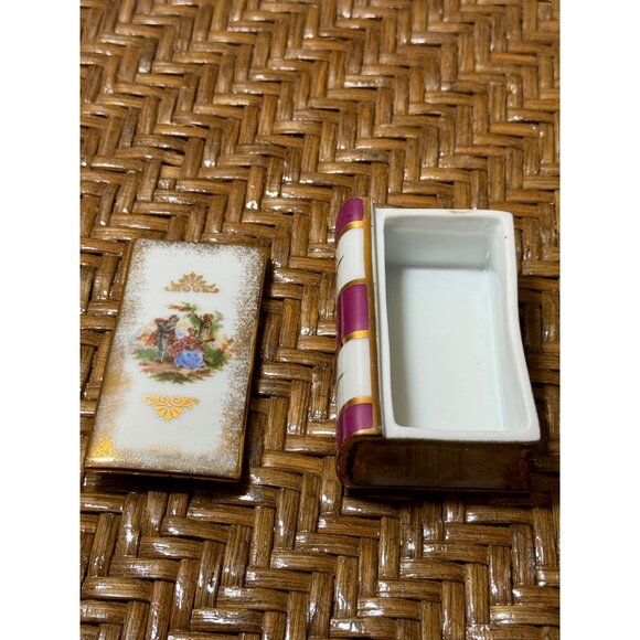 Vintage F Lamoge Porcelain Book Lided Trinket Box Gold Detailing & Romantic - Picture 5 of 10